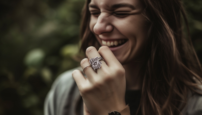 laughing brunette wearing an oxidized sterling silver floral ring from Sidney Imports