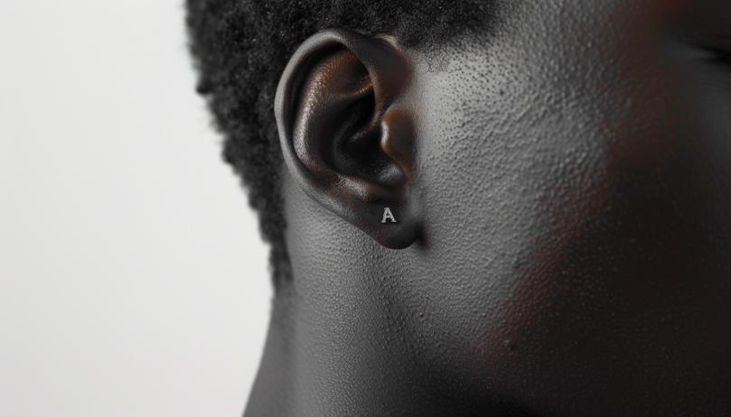 A close up of a black male model's ear with a sterling silver stud earring, featuring the letter