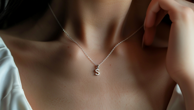 close up photo of a woman wearing a delicate sterling silver necklace with the initial S pendant with her hand placed by her cheek