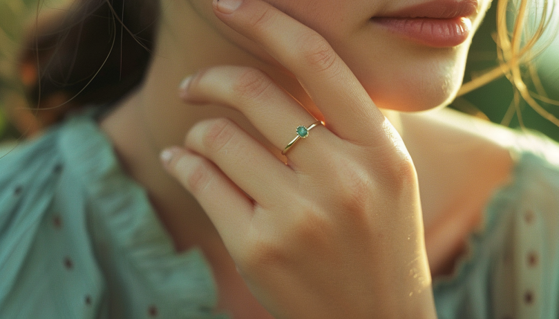 Close up shot of a woman wearing a light green top and a sterling silver ring with a small oval emerald green CZ, her hand is near her face