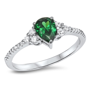 Silver Pear-Shaped Emerald and Clear CZ Ring from Sidney Imports