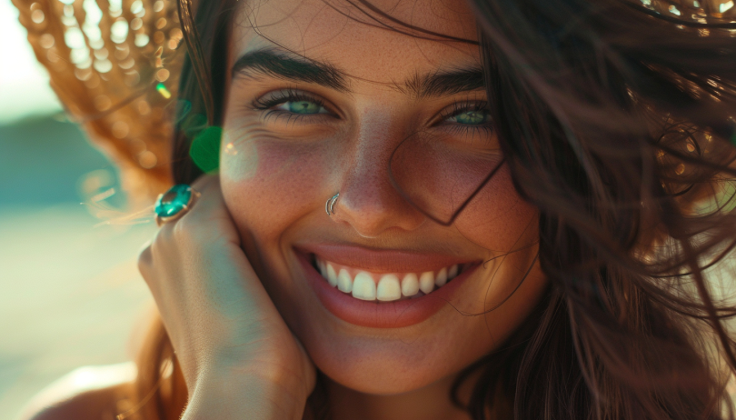 smiling woman with a nose ring and beach hat wearing emerald cz sterling silver ring