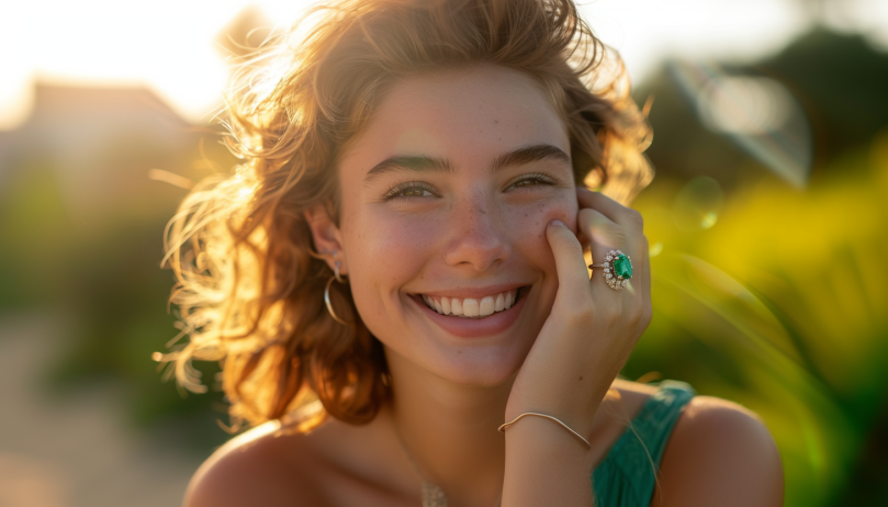 smiling woman with short curly blonde hair wearing emerald cz sterling silver ring and green top