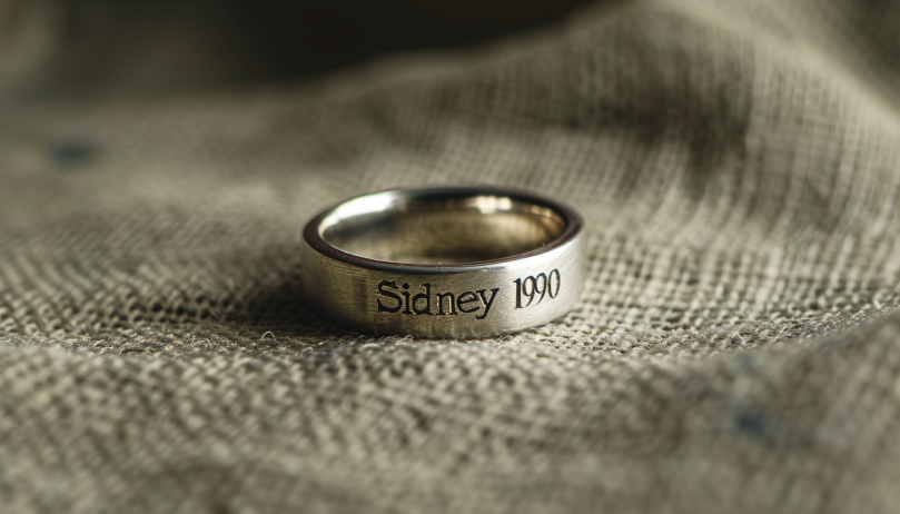 sterling silver band ring engraved with  Sidney 1990 on a brown cloth