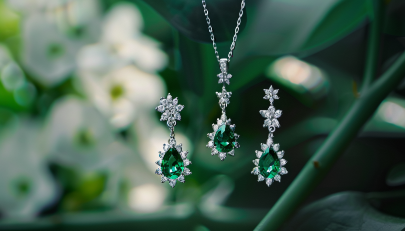 sterling silver drop earrings and necklace set with emerald green CZ stones with a blurred background with white flowers and leaves