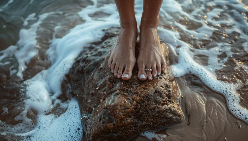 woman's feet on a beach rock, one of her toes is wearing a silver toe ring